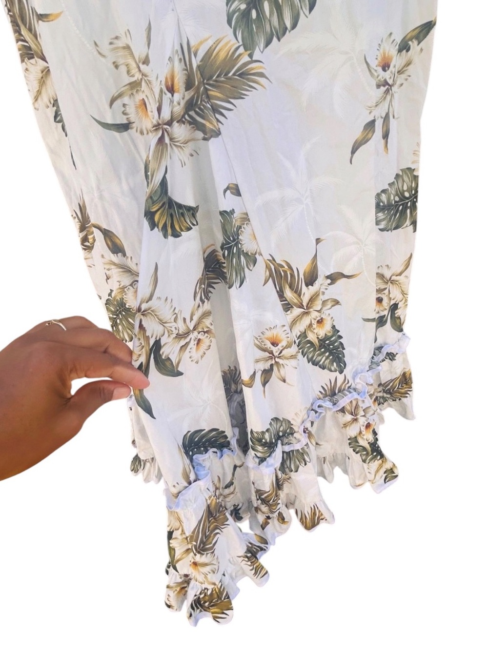 Vintage MAHALO Hawaiian Muumuu Dress White Tropical Floral Ruffle Mermaid Small - Picture 10 of 14